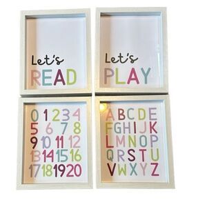 Nursery Alphabet & Number Wall Art Set of 4 |White Wooden Frames 8x10| Kids Room